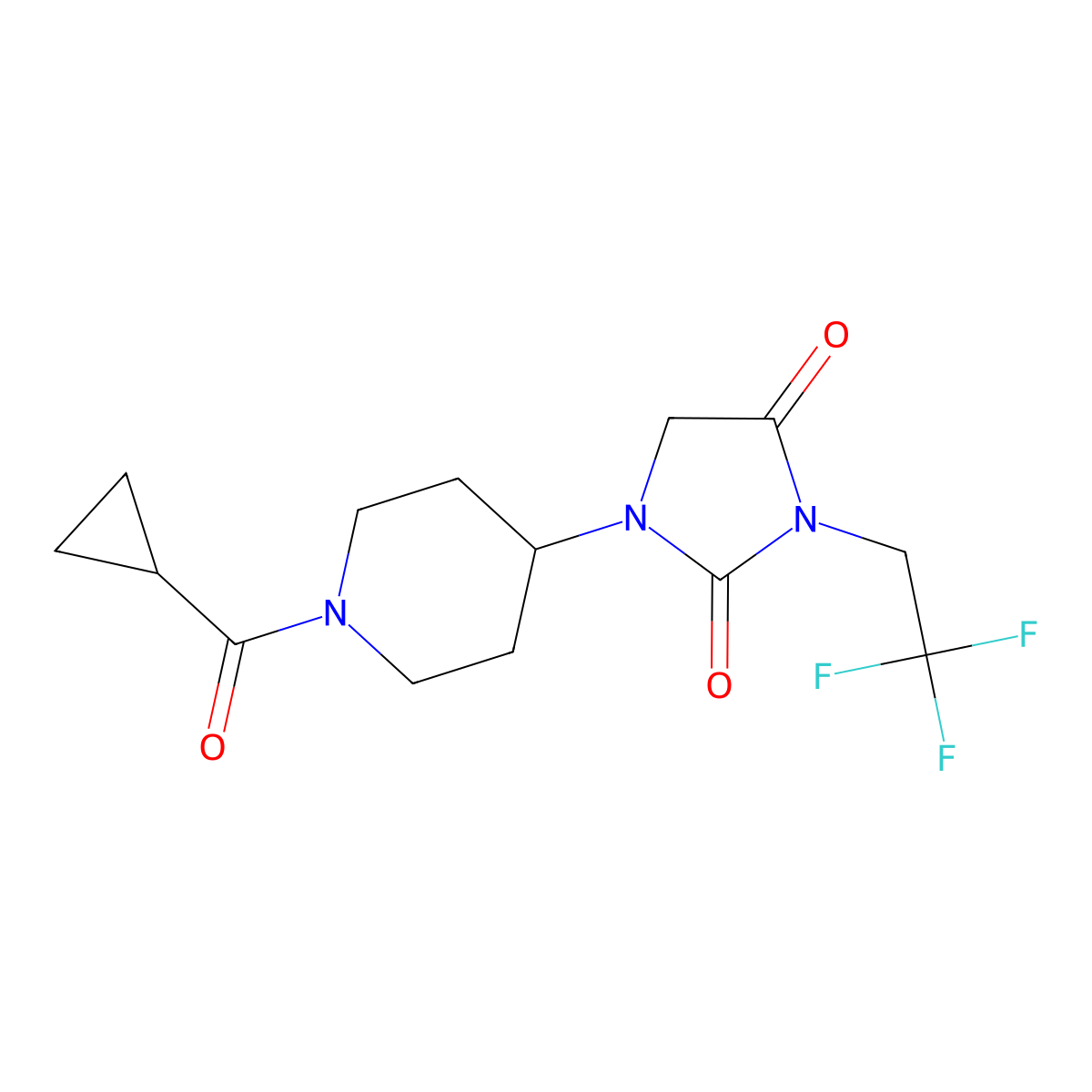 1-(1-Cyclopropanecarbonylpiperidin-4-yl)-3-(2,2,2-trifluoroethyl)imidazolidine-2,4-dione molecular structure, CAS 2097930-55-5