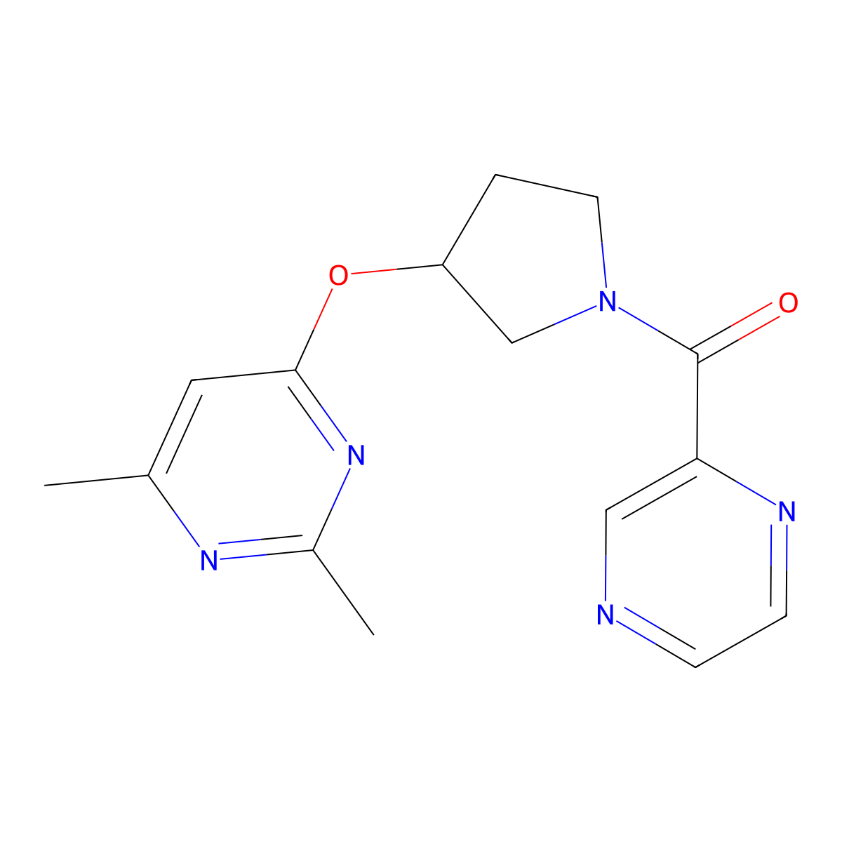 2,4-Dimethyl-6-{[1-(pyrazine-2-carbonyl)pyrrolidin-3-yl]oxy}pyrimidine molecular structure, CAS 2097930-60-2