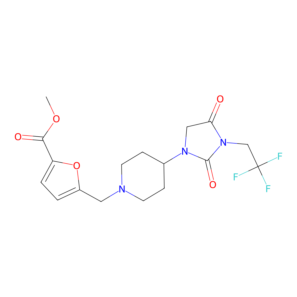 Methyl 5-({4-[2,4-dioxo-3-(2,2,2-trifluoroethyl)imidazolidin-1-yl]piperidin-1-yl}methyl)furan-2-carboxylate molecular structure, CAS 2097930-76-0