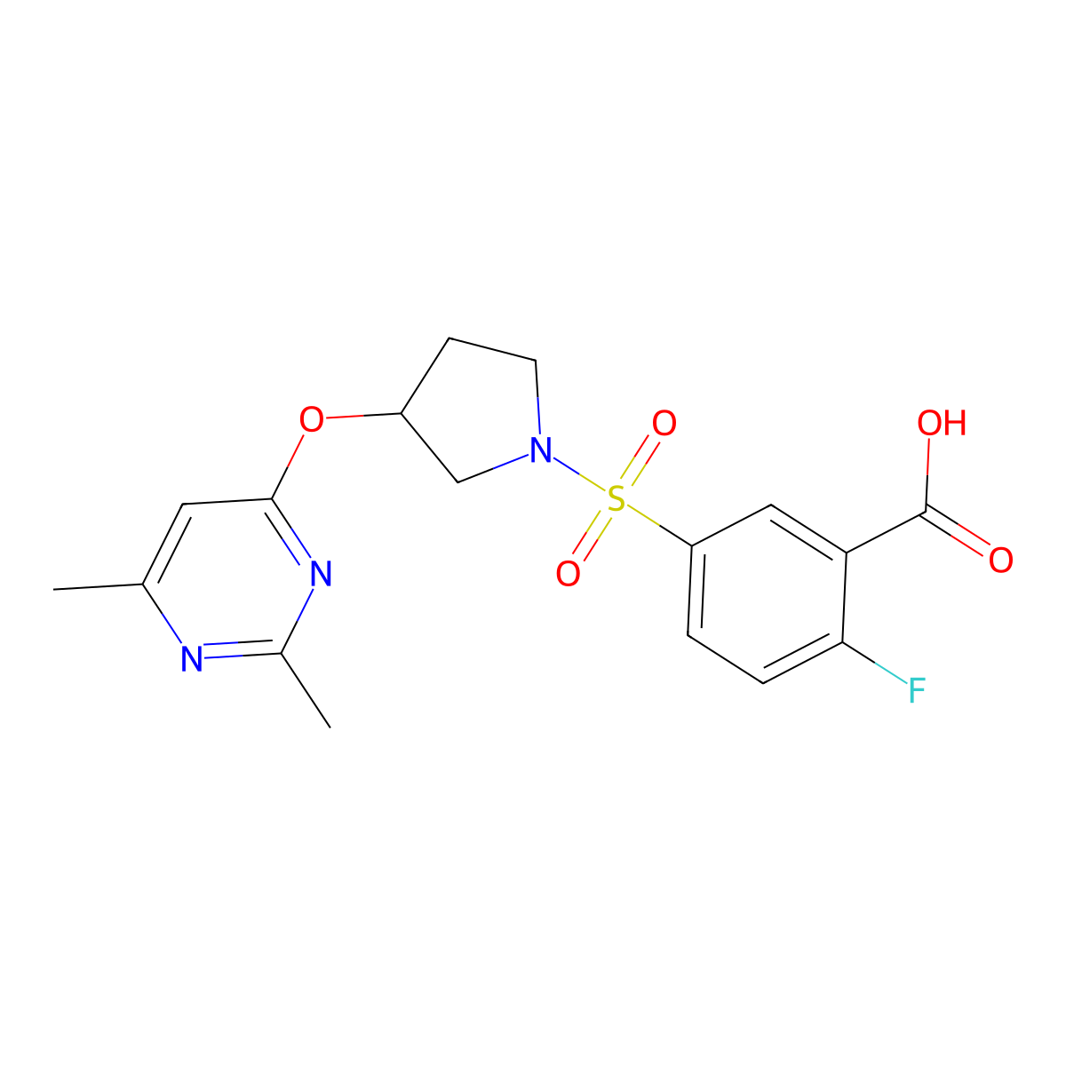 5-({3-[(2,6-Dimethylpyrimidin-4-yl)oxy]pyrrolidin-1-yl}sulfonyl)-2-fluorobenzoic acid molecular structure, CAS 2097930-78-2
