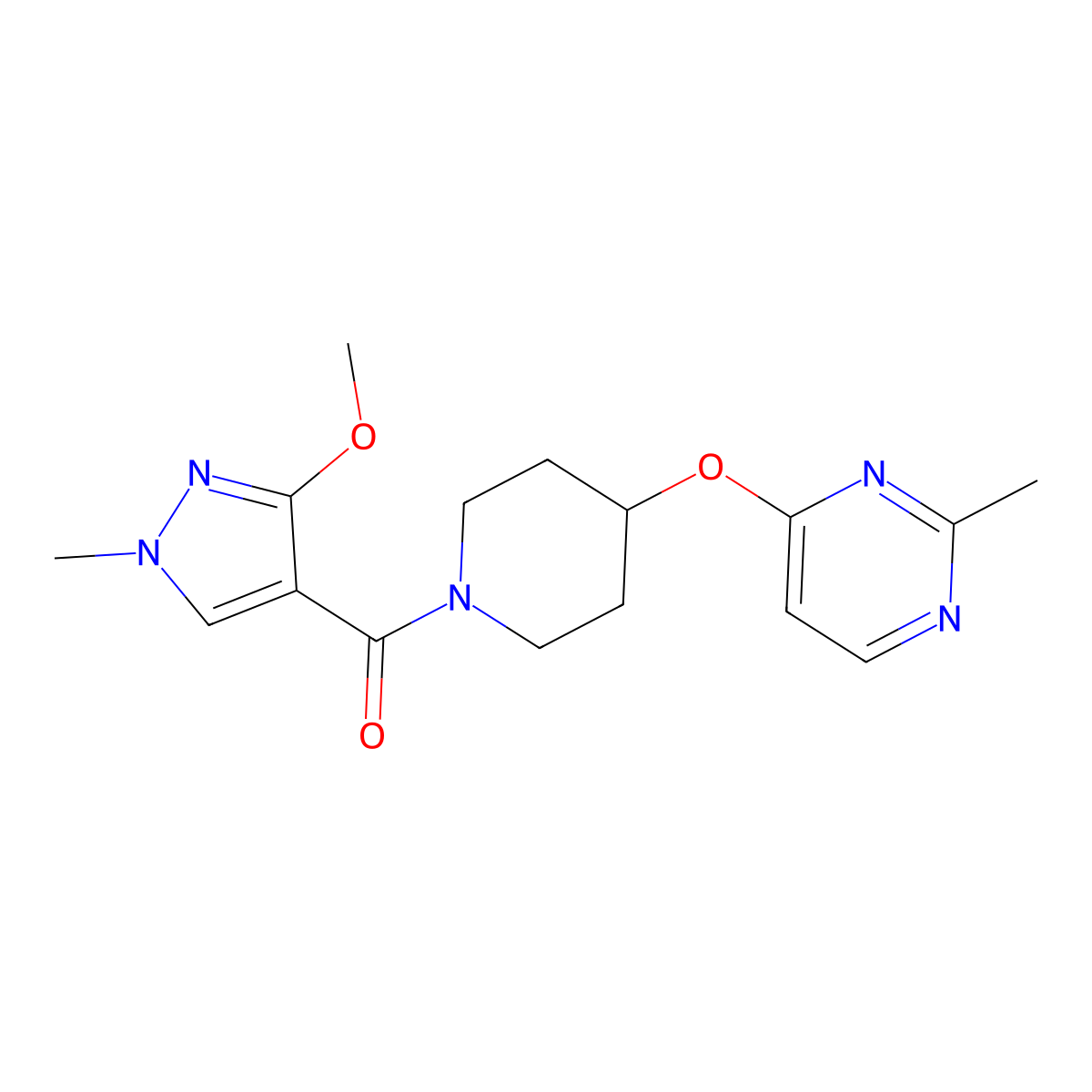 (3-methoxy-1-methyl-1H-pyrazol-4-yl)(4-((2-methylpyrimidin-4-yl)oxy)piperidin-1-yl)methanone molecular structure, CAS 2097930-84-0