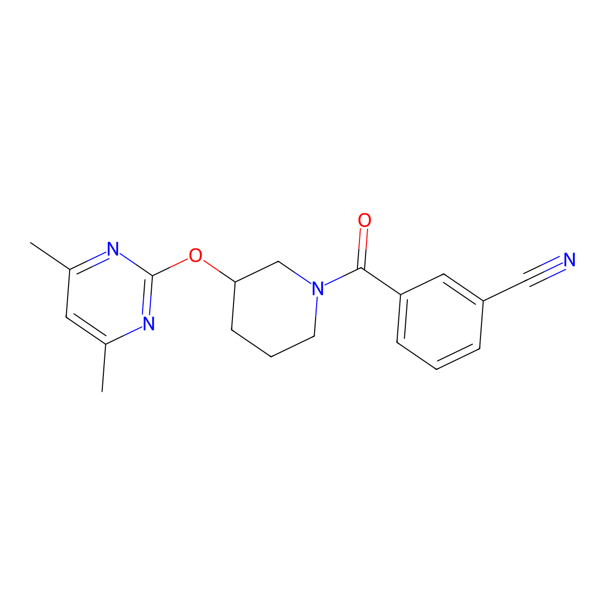 3-(3-((4,6-Dimethylpyrimidin-2-yl)oxy)piperidine-1-carbonyl)benzonitrile molecular structure, CAS 2097931-00-3