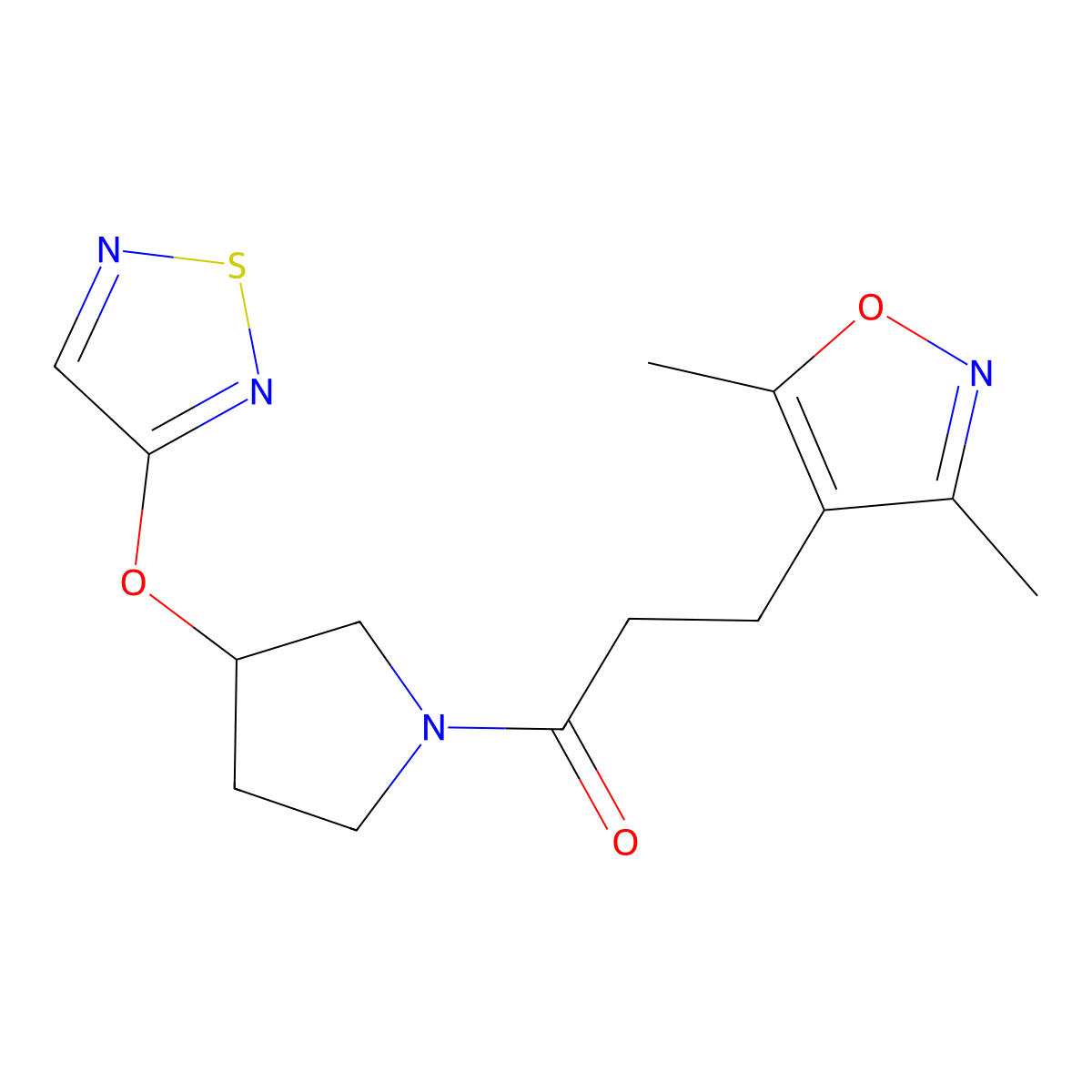 3-(3,5-Dimethyl-1,2-oxazol-4-yl)-1-[3-(1,2,5-thiadiazol-3-yloxy)pyrrolidin-1-yl]propan-1-one molecular structure, CAS 2097931-15-0