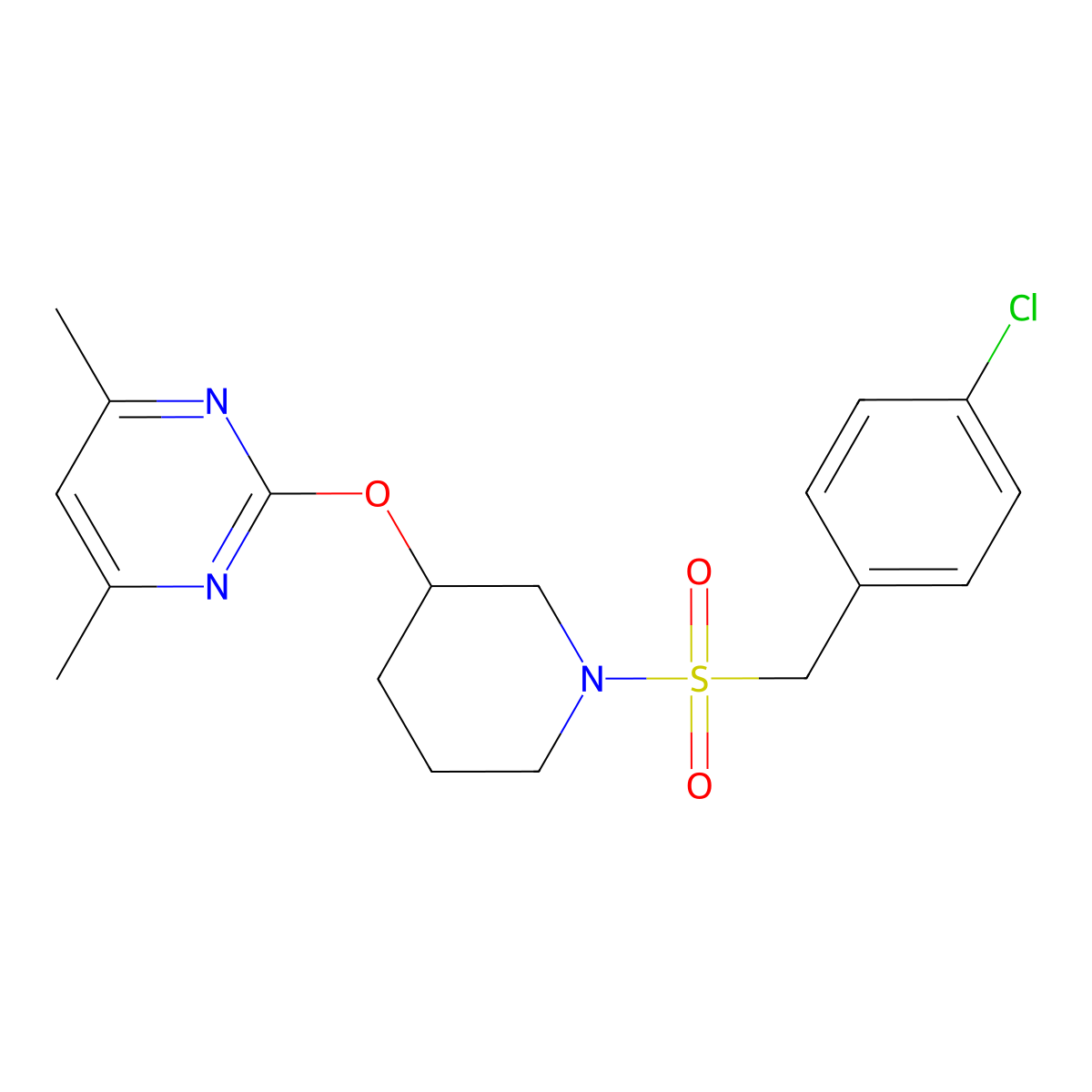 2-((1-((4-Chlorobenzyl)sulfonyl)piperidin-3-yl)oxy)-4,6-dimethylpyrimidine molecular structure, CAS 2097931-20-7
