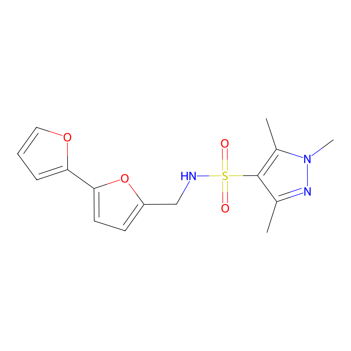 N-({[2,2'-bifuran]-5-yl}methyl)-1,3,5-trimethyl-1H-pyrazole-4-sulfonamide molecular structure, CAS 2097931-27-4