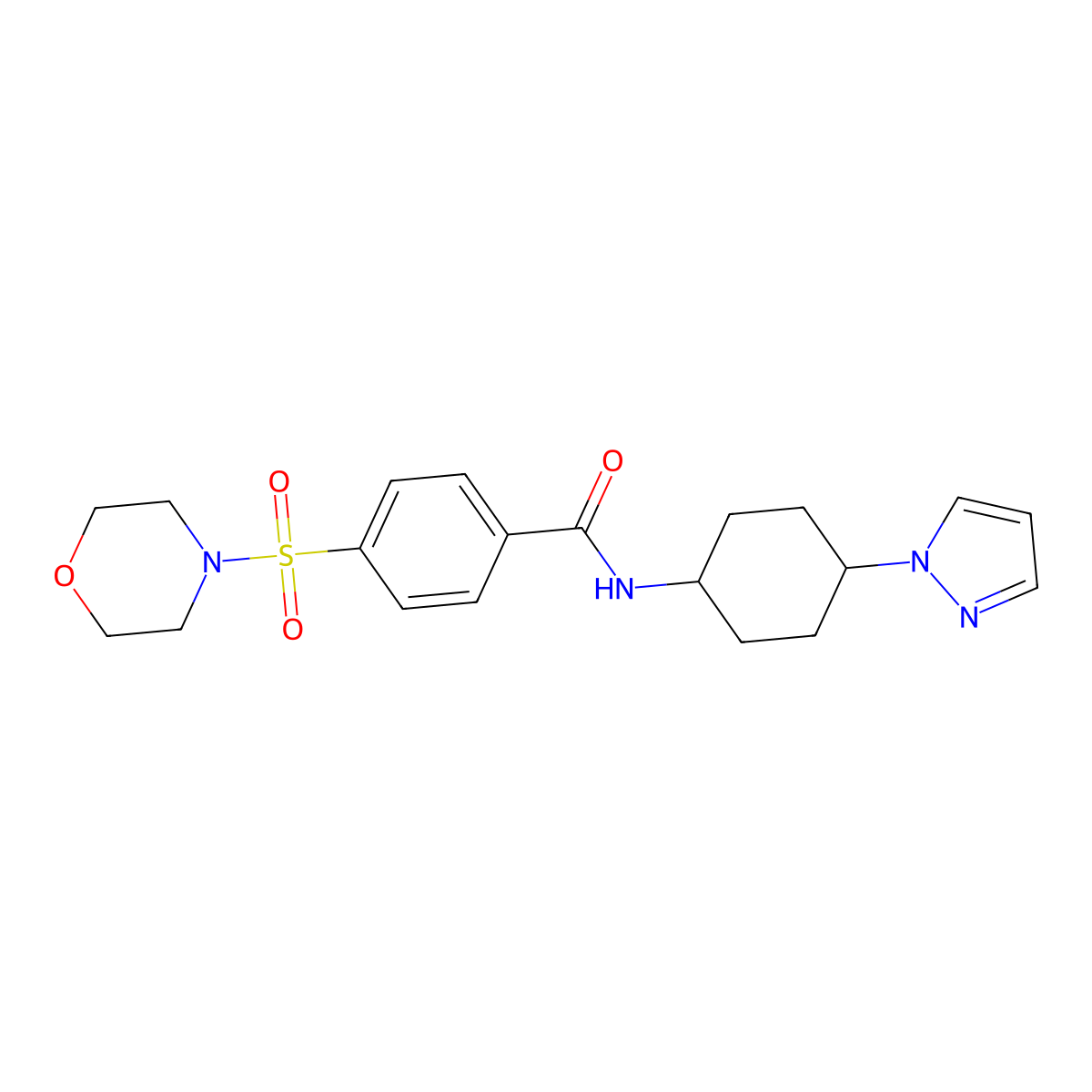 4-(morpholine-4-sulfonyl)-N-[4-(1H-pyrazol-1-yl)cyclohexyl]benzamide molecular structure, CAS 2097931-31-0