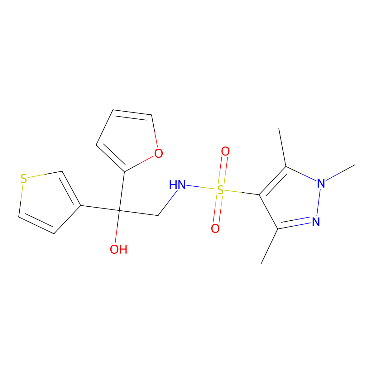 N-[2-(furan-2-yl)-2-hydroxy-2-(thiophen-3-yl)ethyl]-1,3,5-trimethyl-1H-pyrazole-4-sulfonamide molecular structure, CAS 2097931-42-3