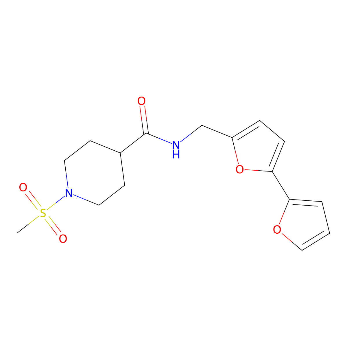 N-({[2,2'-bifuran]-5-yl}methyl)-1-methanesulfonylpiperidine-4-carboxamide molecular structure, CAS 2097931-52-5