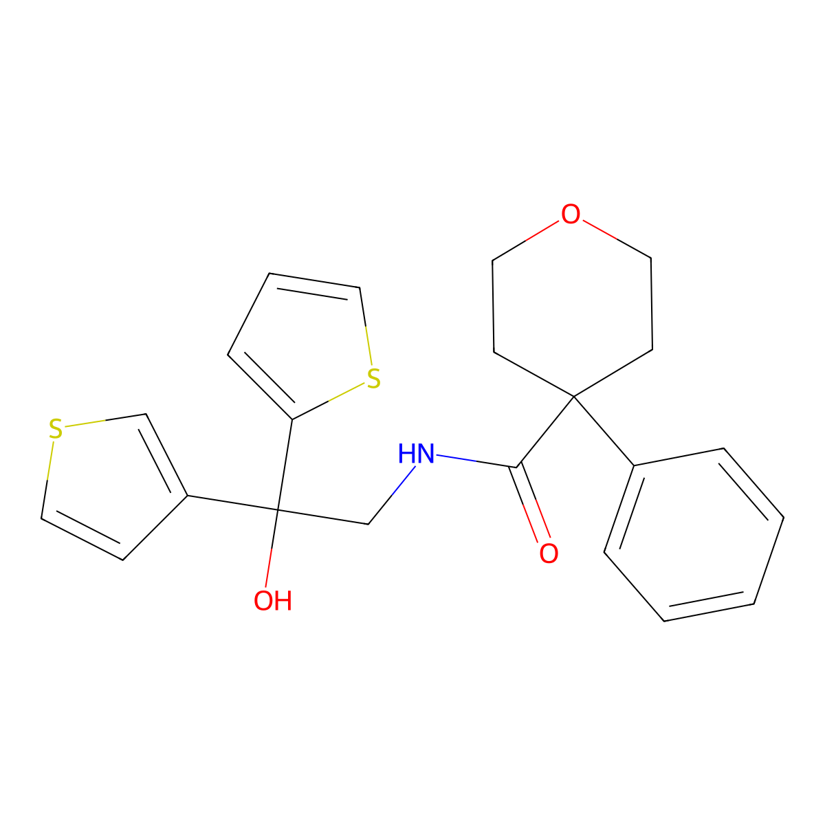 N-(2-hydroxy-2-(thiophen-2-yl)-2-(thiophen-3-yl)ethyl)-4-phenyltetrahydro-2H-pyran-4-carboxamide molecular structure, CAS 2097931-68-3