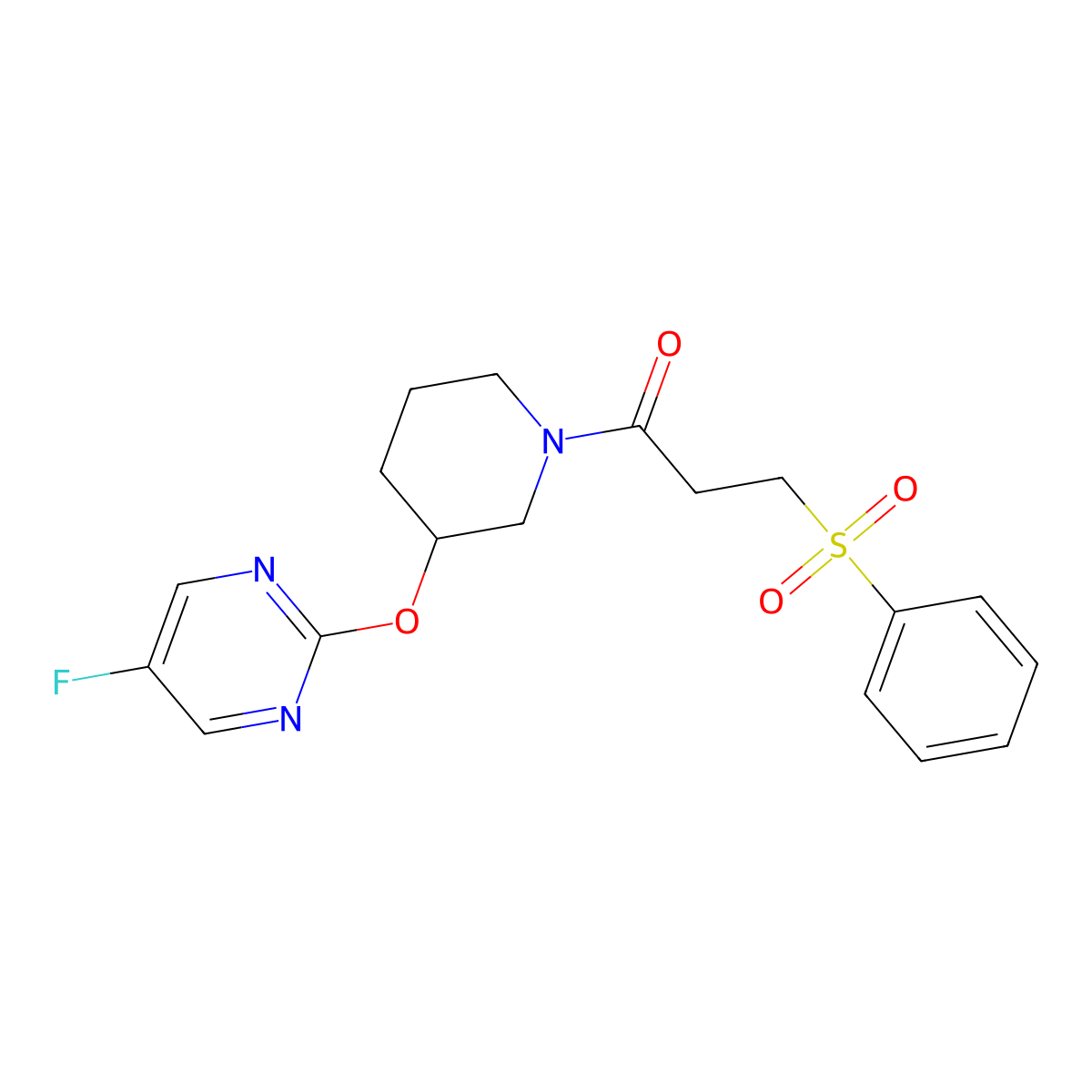 1-(3-((5-Fluoropyrimidin-2-yl)oxy)piperidin-1-yl)-3-(phenylsulfonyl)propan-1-one molecular structure, CAS 2097931-69-4