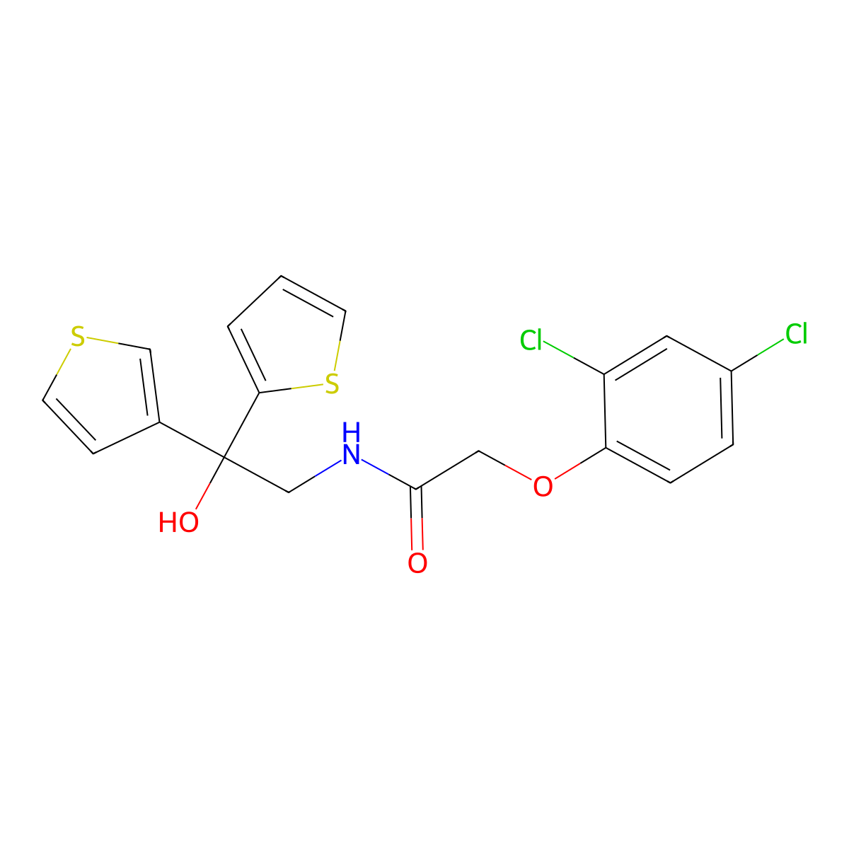 2-(2,4-dichlorophenoxy)-N-[2-hydroxy-2-(thiophen-2-yl)-2-(thiophen-3-yl)ethyl]acetamide molecular structure, CAS 2097931-70-7