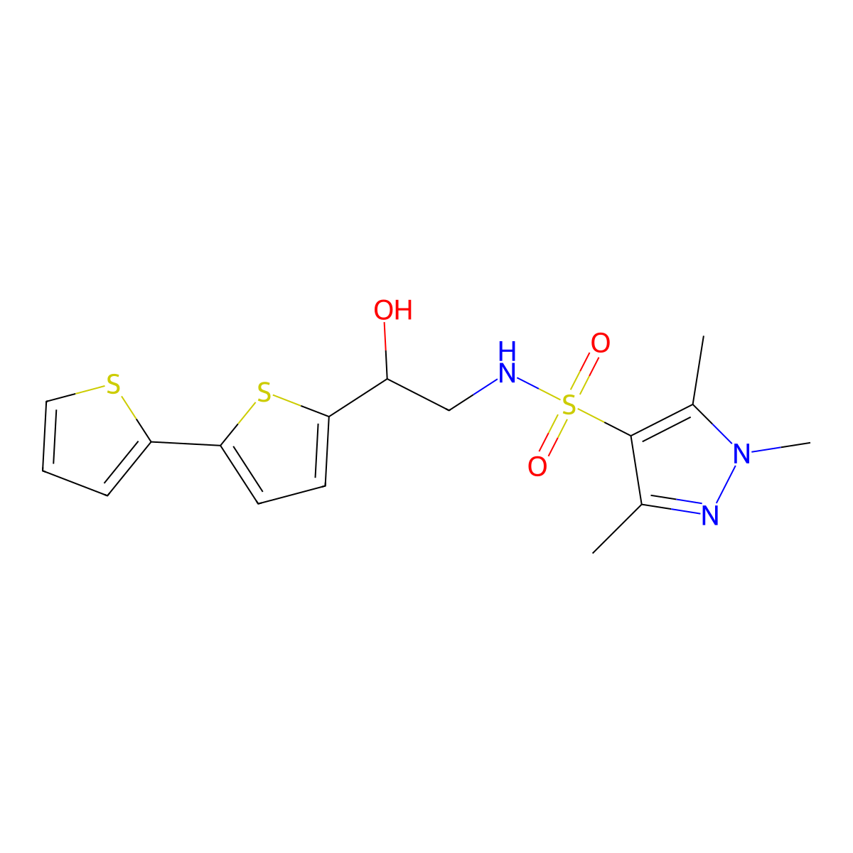 N-(2-{[2,2'-bithiophene]-5-yl}-2-hydroxyethyl)-1,3,5-trimethyl-1H-pyrazole-4-sulfonamide molecular structure, CAS 2097931-72-9