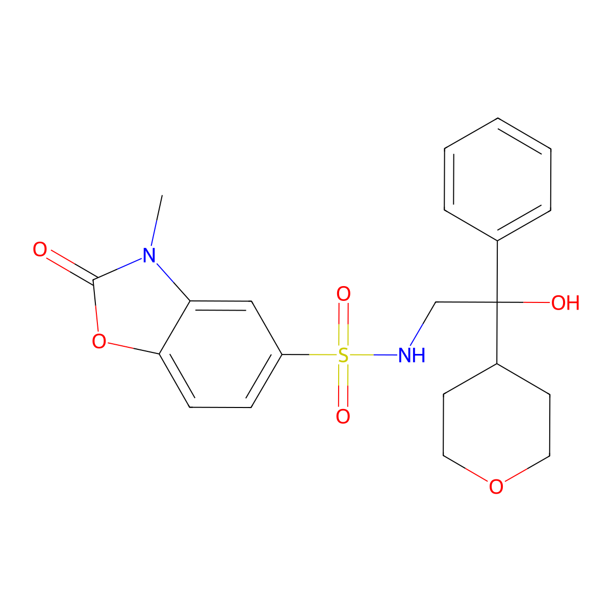 N-[2-hydroxy-2-(oxan-4-yl)-2-phenylethyl]-3-methyl-2-oxo-2,3-dihydro-1,3-benzoxazole-5-sulfonamide molecular structure, CAS 2097931-83-2
