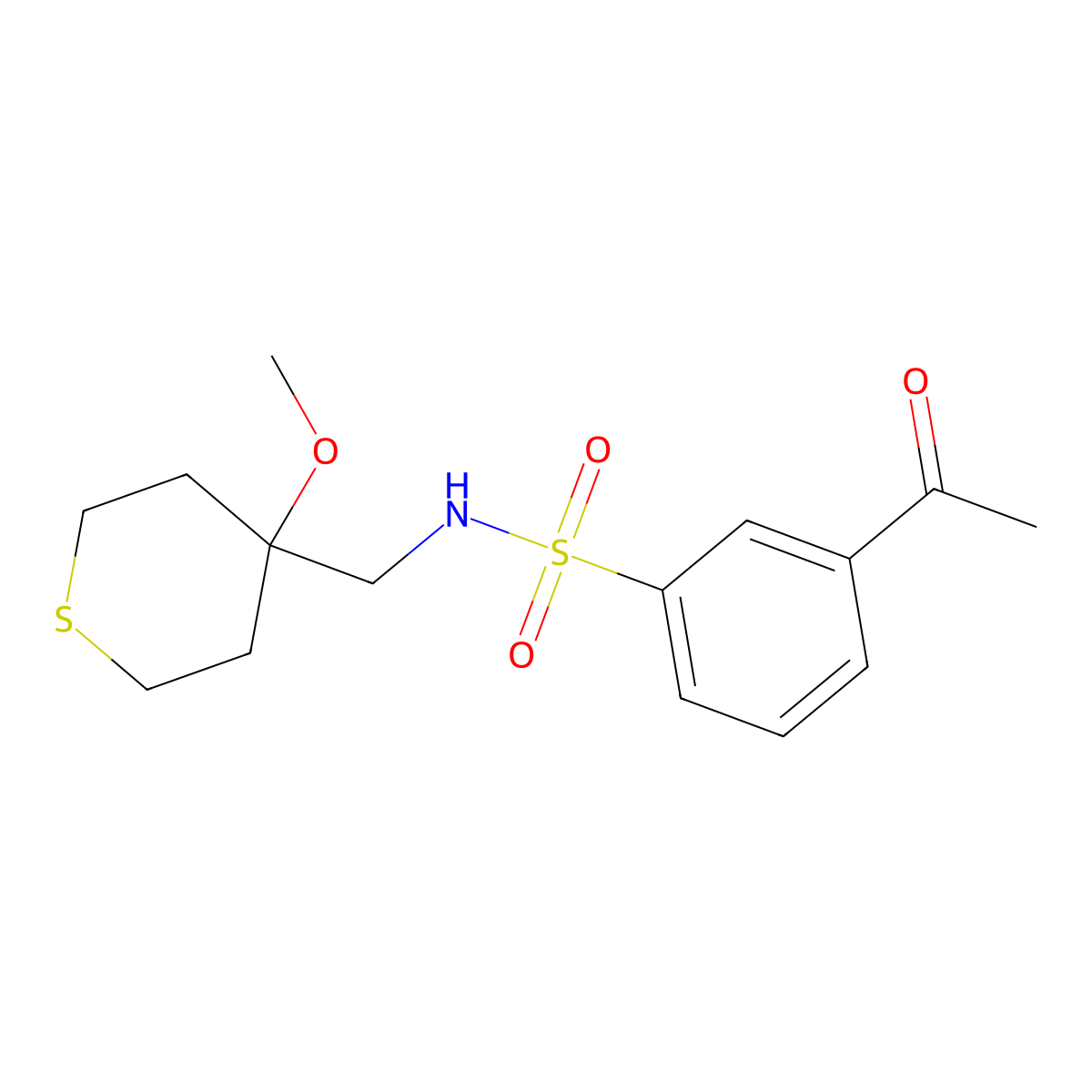 3-acetyl-N-[(4-methoxythian-4-yl)methyl]benzene-1-sulfonamide molecular structure, CAS 2097931-85-4