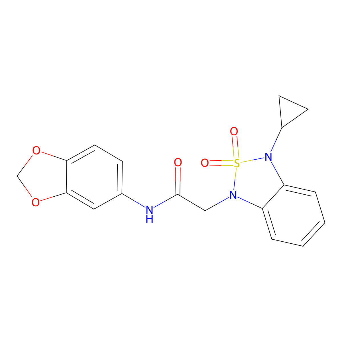 N-(2H-1,3-benzodioxol-5-yl)-2-(3-cyclopropyl-2,2-dioxo-1,3-dihydro-2lambda6,1,3-benzothiadiazol-1-yl)acetamide molecular structure, CAS 2097931-92-3