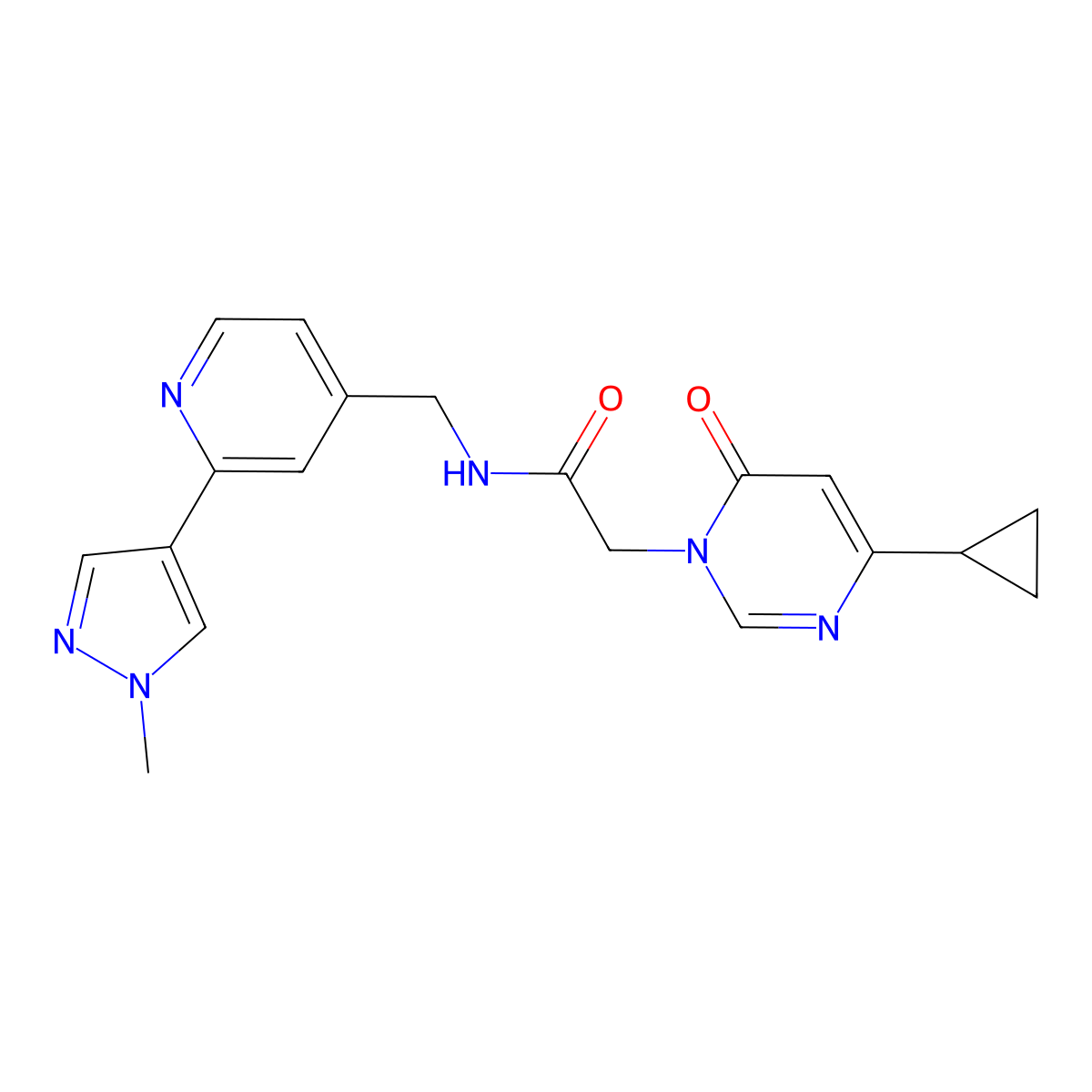 2-(4-cyclopropyl-6-oxo-1,6-dihydropyrimidin-1-yl)-N-{[2-(1-methyl-1H-pyrazol-4-yl)pyridin-4-yl]methyl}acetamide molecular structure, CAS 2097932-04-0