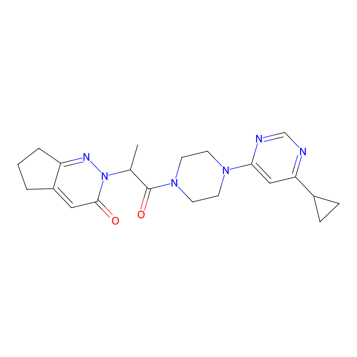 2-(1-(4-(6-cyclopropylpyrimidin-4-yl)piperazin-1-yl)-1-oxopropan-2-yl)-6,7-dihydro-2H-cyclopenta[c]pyridazin-3(5H)-one molecular structure, CAS 2097932-21-1