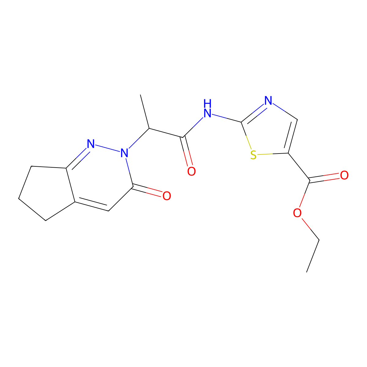 ethyl 2-(2-(3-oxo-3,5,6,7-tetrahydro-2H-cyclopenta[c]pyridazin-2-yl)propanamido)thiazole-5-carboxylate molecular structure, CAS 2097932-25-5