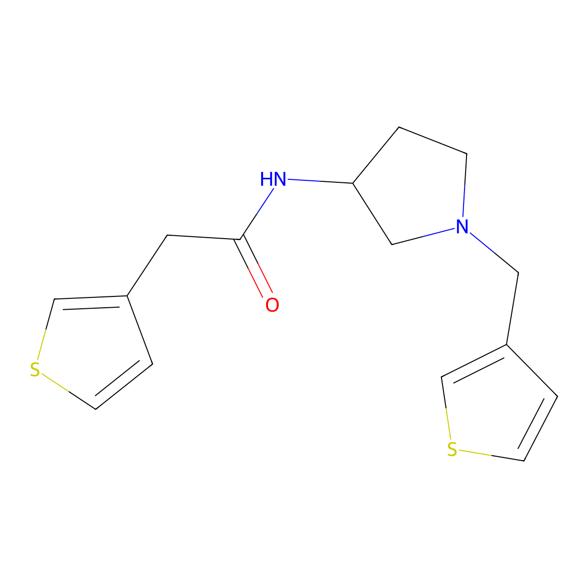 2-(thiophen-3-yl)-N-{1-[(thiophen-3-yl)methyl]pyrrolidin-3-yl}acetamide molecular structure, CAS 2097932-30-2