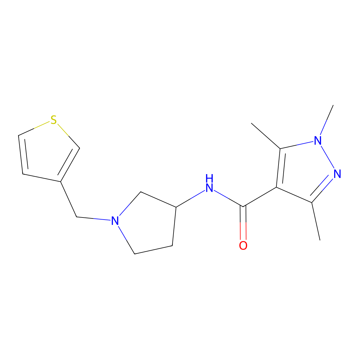 1,3,5-trimethyl-N-{1-[(thiophen-3-yl)methyl]pyrrolidin-3-yl}-1H-pyrazole-4-carboxamide molecular structure, CAS 2097932-37-9