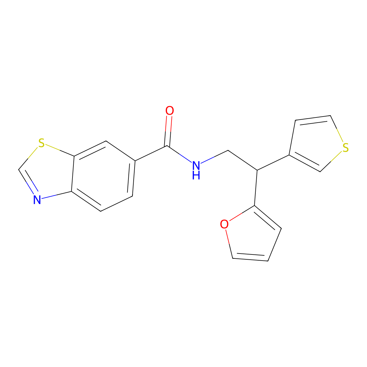 N-[2-(furan-2-yl)-2-(thiophen-3-yl)ethyl]-1,3-benzothiazole-6-carboxamide molecular structure, CAS 2097932-40-4