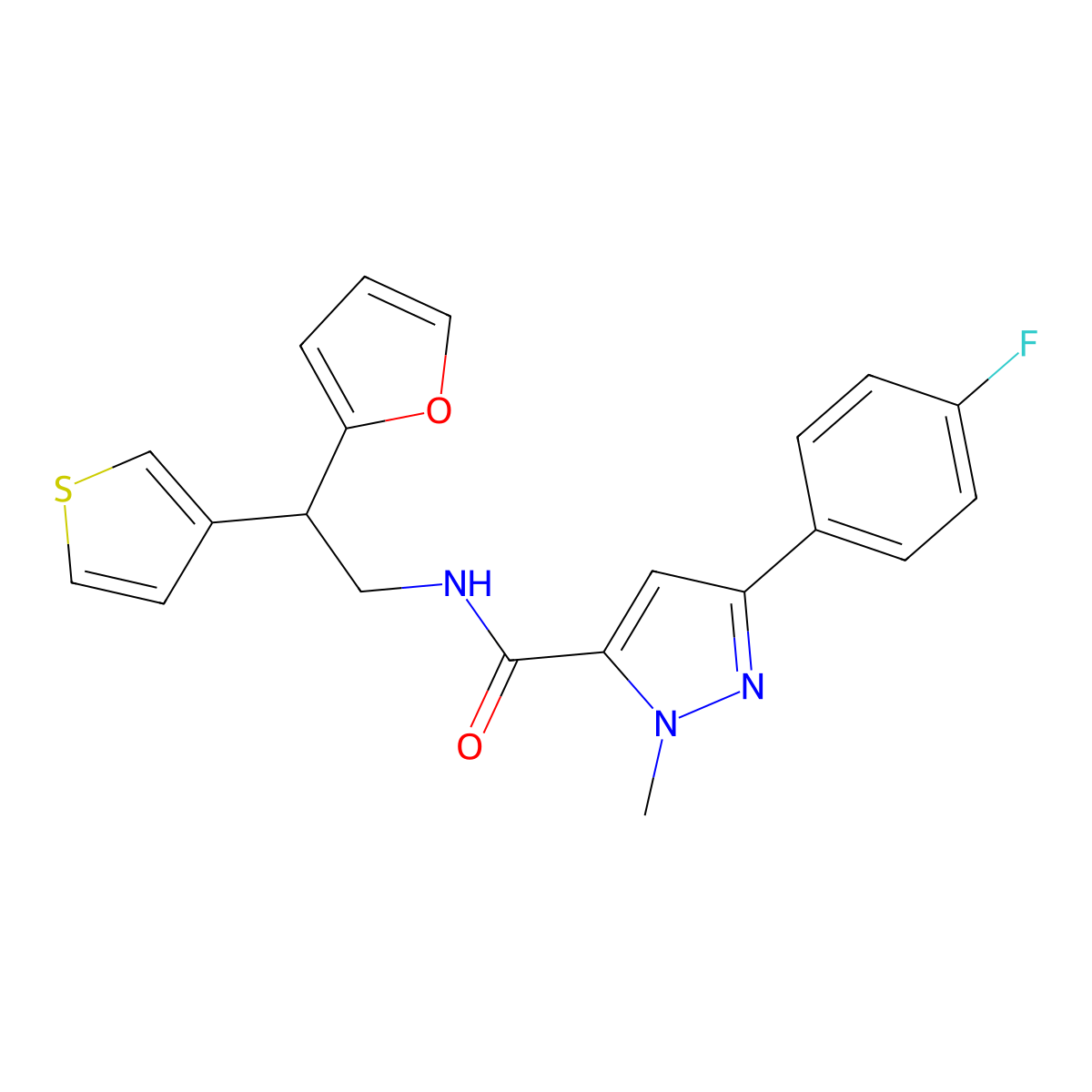 3-(4-fluorophenyl)-N-[2-(furan-2-yl)-2-(thiophen-3-yl)ethyl]-1-methyl-1H-pyrazole-5-carboxamide molecular structure, CAS 2097932-51-7