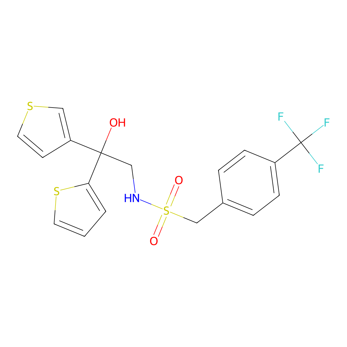 N-[2-hydroxy-2-(thiophen-2-yl)-2-(thiophen-3-yl)ethyl]-1-[4-(trifluoromethyl)phenyl]methanesulfonamide molecular structure, CAS 2097932-62-0