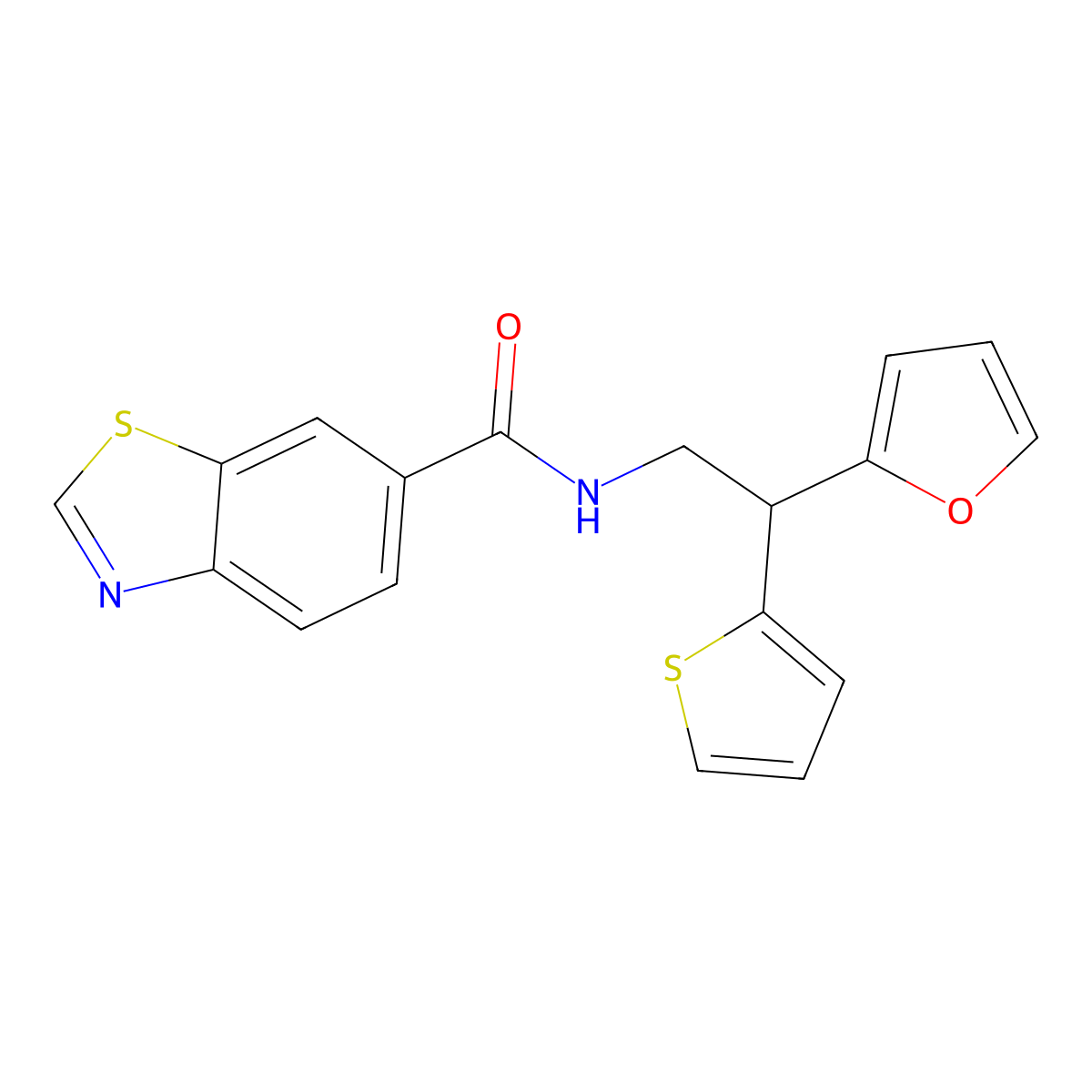 N-[2-(furan-2-yl)-2-(thiophen-2-yl)ethyl]-1,3-benzothiazole-6-carboxamide molecular structure, CAS 2097932-66-4