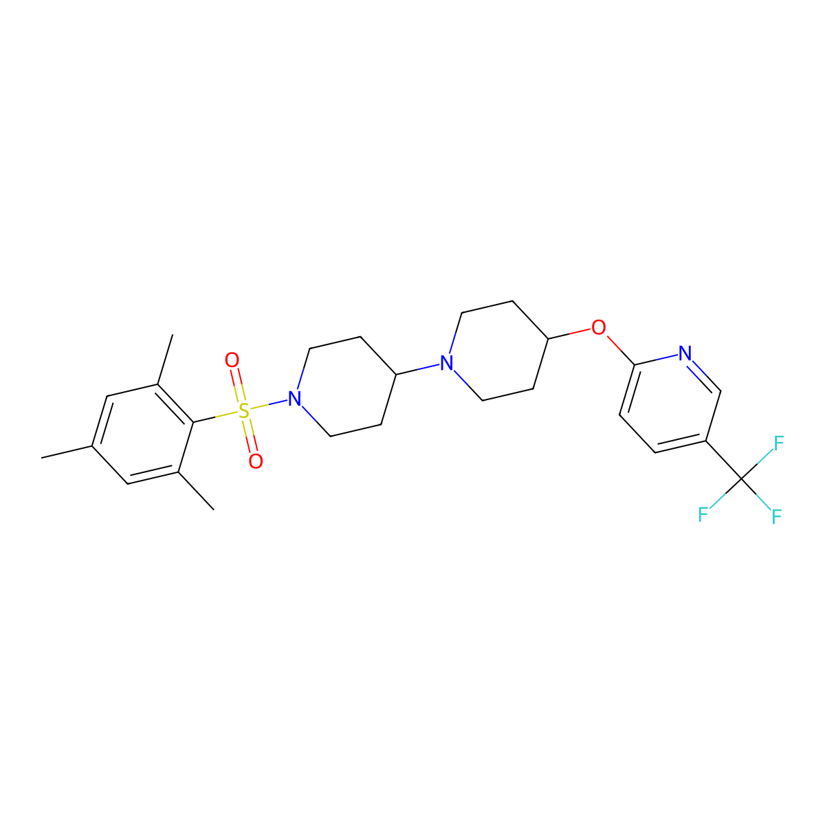 4-{[5-(Trifluoromethyl)pyridin-2-yl]oxy}-1'-(2,4,6-trimethylbenzenesulfonyl)-1,4'-bipiperidine molecular structure, CAS 2097932-70-0