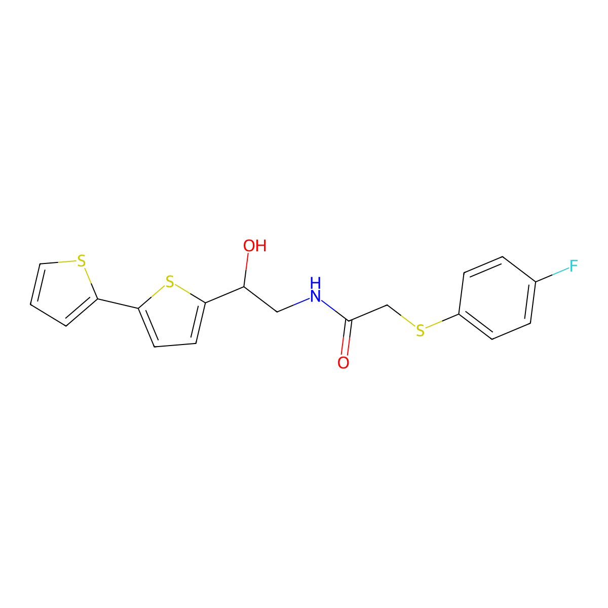 N-(2-{[2,2'-bithiophene]-5-yl}-2-hydroxyethyl)-2-[(4-fluorophenyl)sulfanyl]acetamide molecular structure, CAS 2097932-77-7