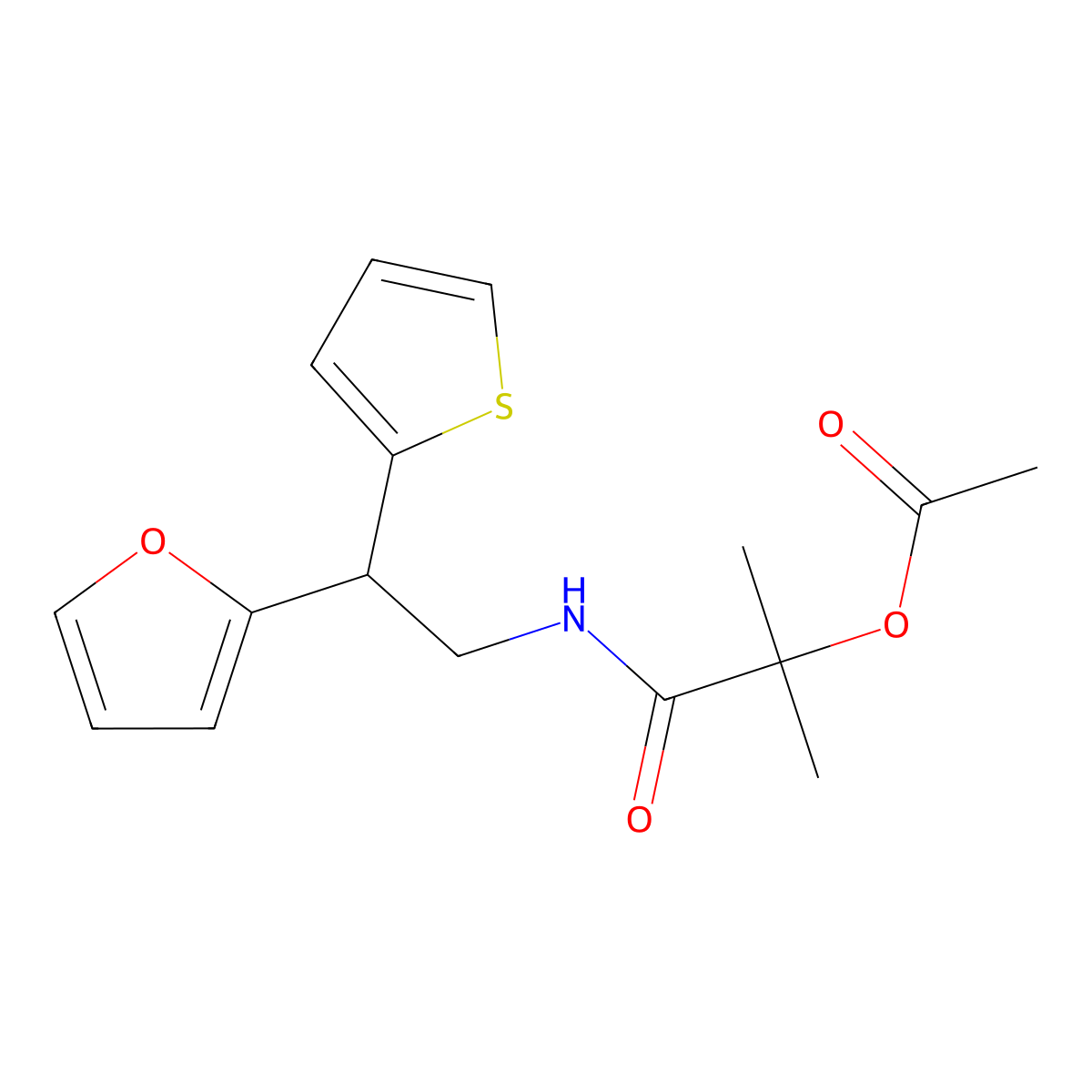 1-{[2-(Furan-2-yl)-2-(thiophen-2-yl)ethyl]carbamoyl}-1-methylethyl acetate molecular structure, CAS 2097932-82-4