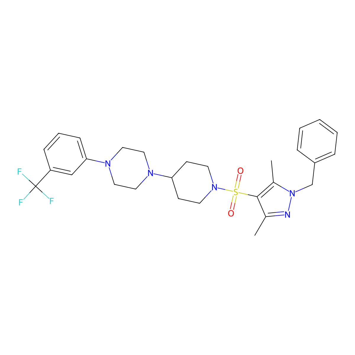 1-{1-[(1-benzyl-3,5-dimethyl-1H-pyrazol-4-yl)sulfonyl]piperidin-4-yl}-4-[3-(trifluoromethyl)phenyl]piperazine molecular structure, CAS 2097932-87-9