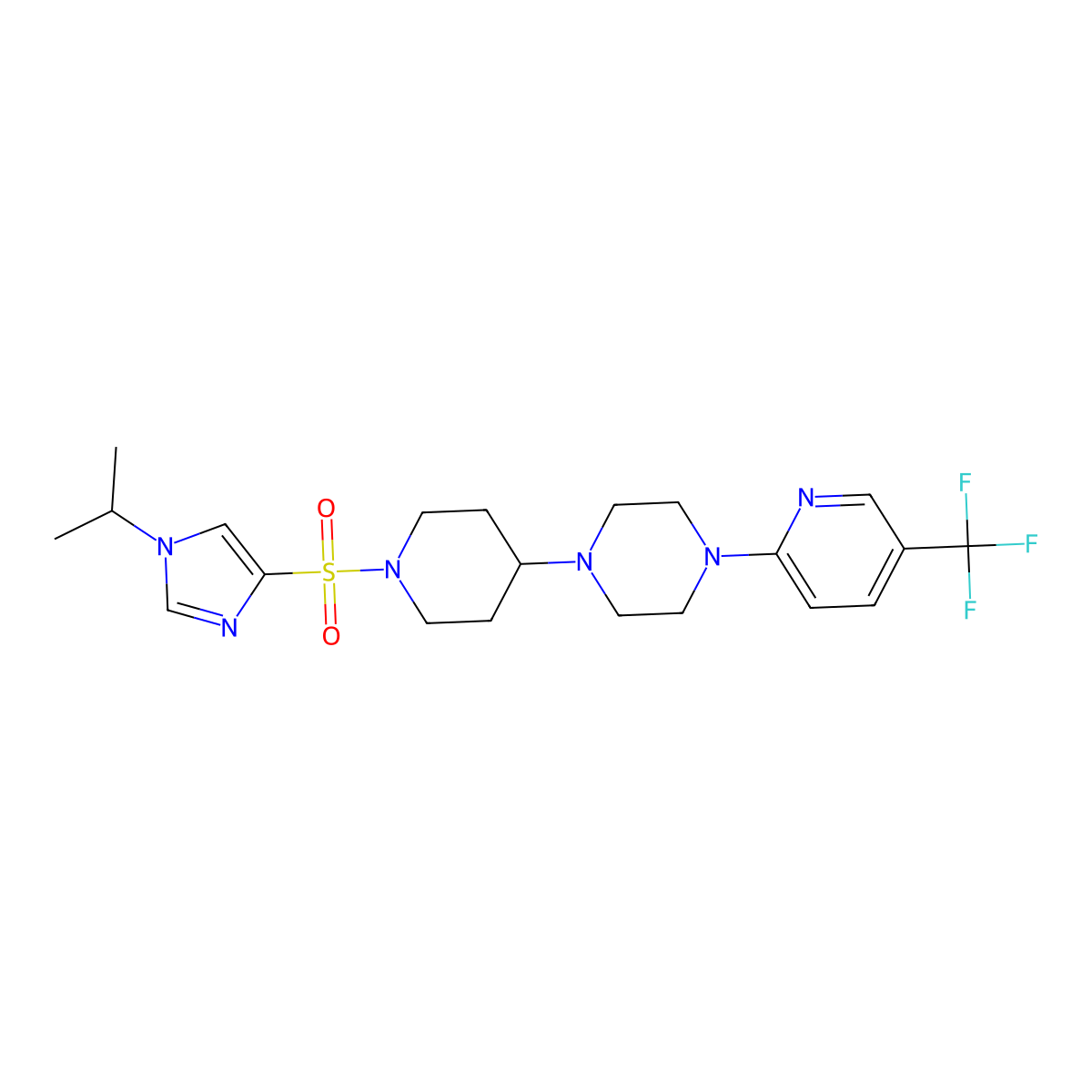 1-(1-{[1-(propan-2-yl)-1H-imidazol-4-yl]sulfonyl}piperidin-4-yl)-4-[5-(trifluoromethyl)pyridin-2-yl]piperazine molecular structure, CAS 2097932-89-1