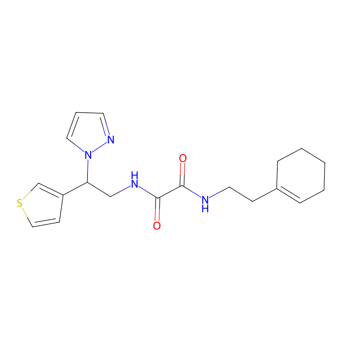 N'-[2-(cyclohex-1-en-1-yl)ethyl]-N-[2-(1H-pyrazol-1-yl)-2-(thiophen-3-yl)ethyl]ethanediamide molecular structure, CAS 2097932-93-7