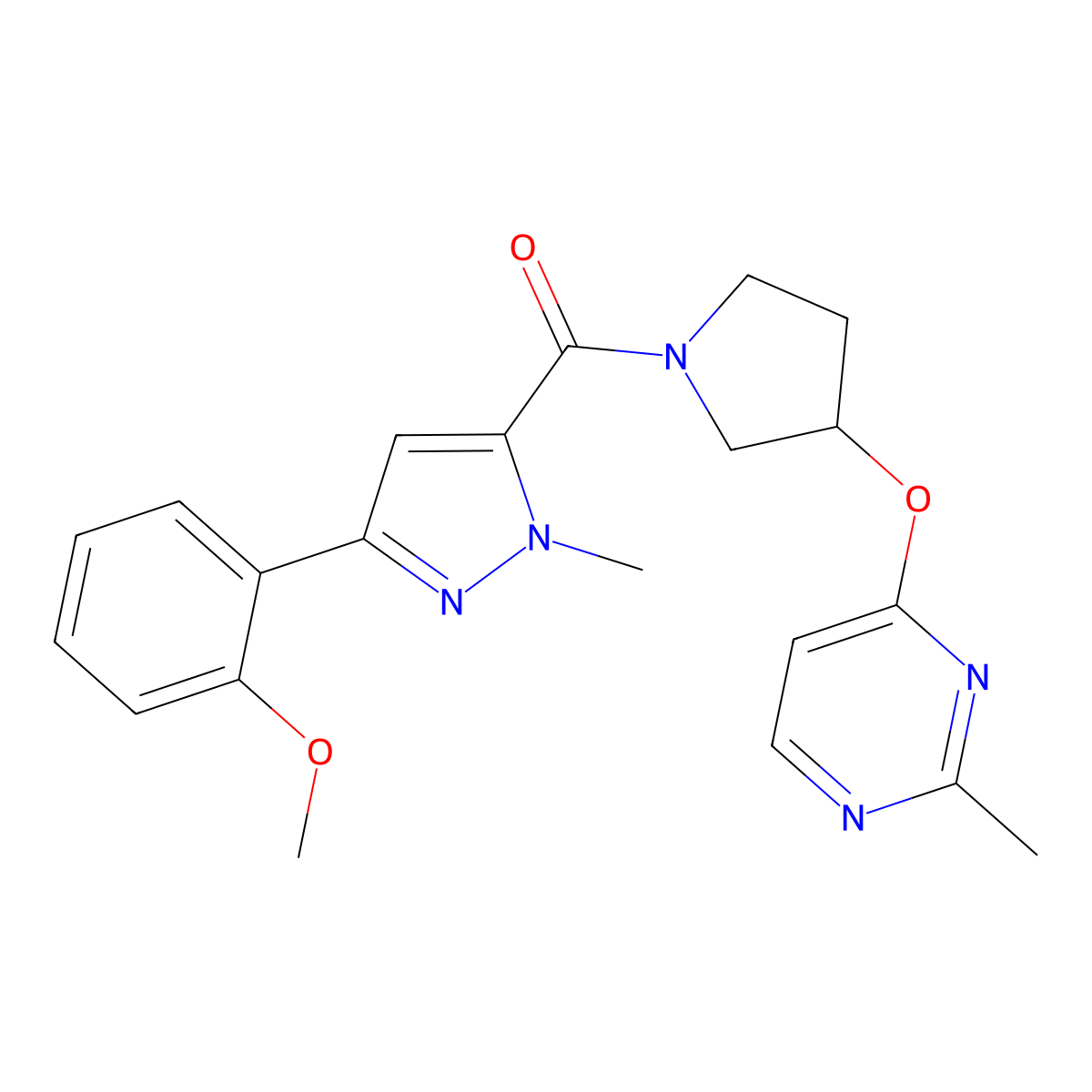 4-({1-[3-(2-methoxyphenyl)-1-methyl-1H-pyrazole-5-carbonyl]pyrrolidin-3-yl}oxy)-2-methylpyrimidine molecular structure, CAS 2097932-98-2