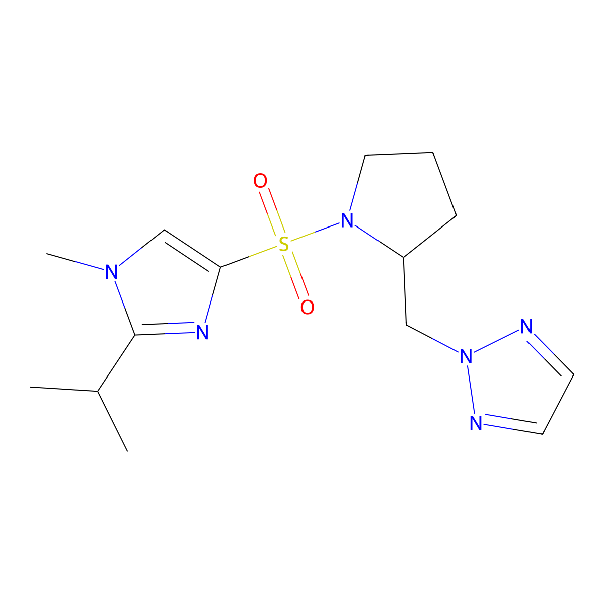 2-[(1-{[1-methyl-2-(propan-2-yl)-1H-imidazol-4-yl]sulfonyl}pyrrolidin-2-yl)methyl]-2H-1,2,3-triazole molecular structure, CAS 2097932-99-3