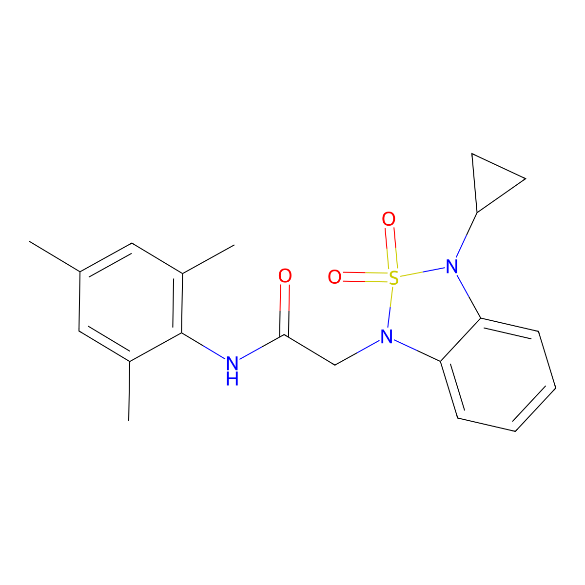2-(3-cyclopropyl-2,2-dioxo-1,3-dihydro-2lambda6,1,3-benzothiadiazol-1-yl)-N-(2,4,6-trimethylphenyl)acetamide molecular structure, CAS 2097933-02-1