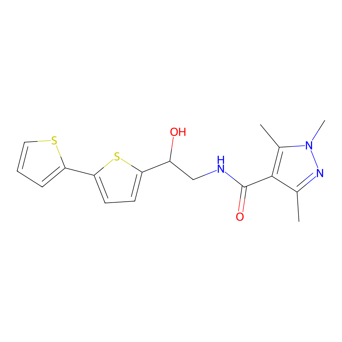 N-(2-{[2,2'-bithiophene]-5-yl}-2-hydroxyethyl)-1,3,5-trimethyl-1H-pyrazole-4-carboxamide molecular structure, CAS 2097933-13-4