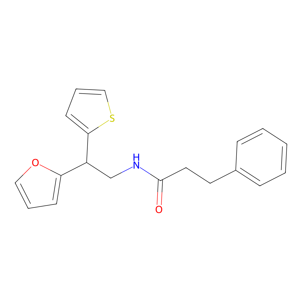 N-[2-(furan-2-yl)-2-(thiophen-2-yl)ethyl]-3-phenylpropanamide molecular structure, CAS 2097933-49-6