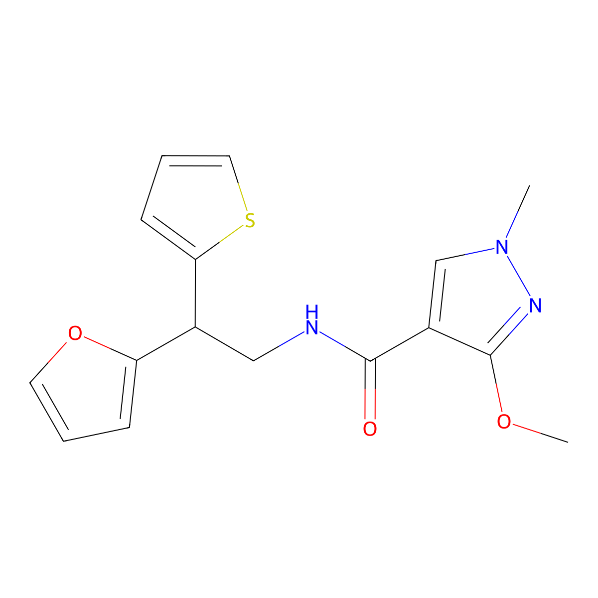 N-[2-(furan-2-yl)-2-(thiophen-2-yl)ethyl]-3-methoxy-1-methyl-1H-pyrazole-4-carboxamide molecular structure, CAS 2097933-56-5
