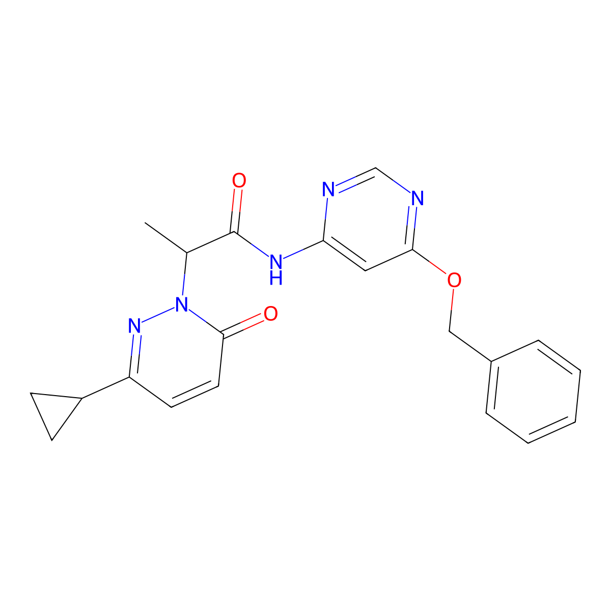 N-(6-(benzyloxy)pyrimidin-4-yl)-2-(3-cyclopropyl-6-oxopyridazin-1(6H)-yl)propanamide molecular structure, CAS 2097933-57-6