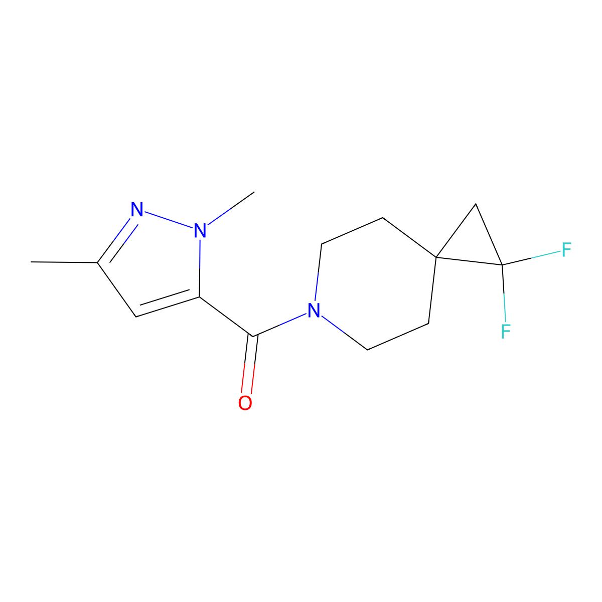 6-(1,3-dimethyl-1H-pyrazole-5-carbonyl)-1,1-difluoro-6-azaspiro[2.5]octane molecular structure, CAS 2097933-62-3