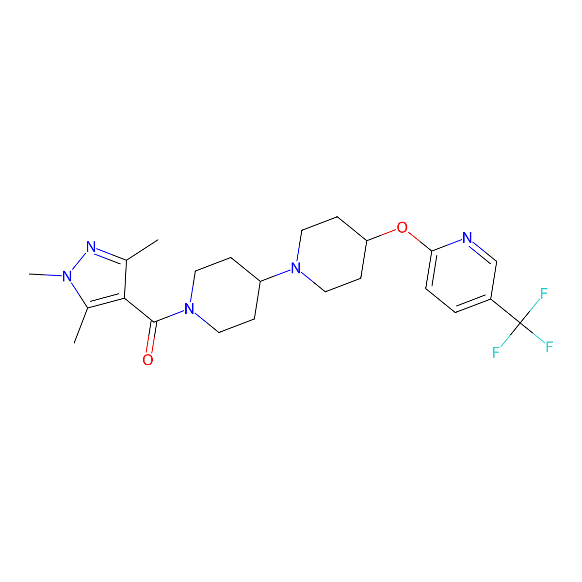 4-{[5-(trifluoromethyl)pyridin-2-yl]oxy}-1'-(1,3,5-trimethyl-1H-pyrazole-4-carbonyl)-1,4'-bipiperidine molecular structure, CAS 2097933-63-4
