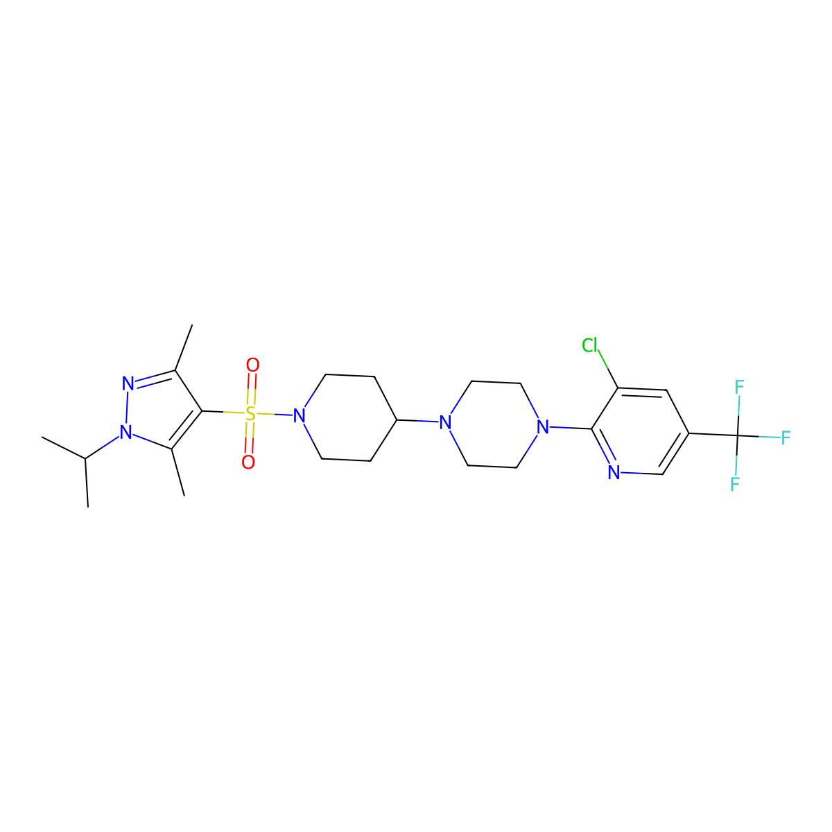 1-[3-chloro-5-(trifluoromethyl)pyridin-2-yl]-4-(1-{[3,5-dimethyl-1-(propan-2-yl)-1H-pyrazol-4-yl]sulfonyl}piperidin-4-yl)piperazine molecular structure, CAS 2097933-70-3