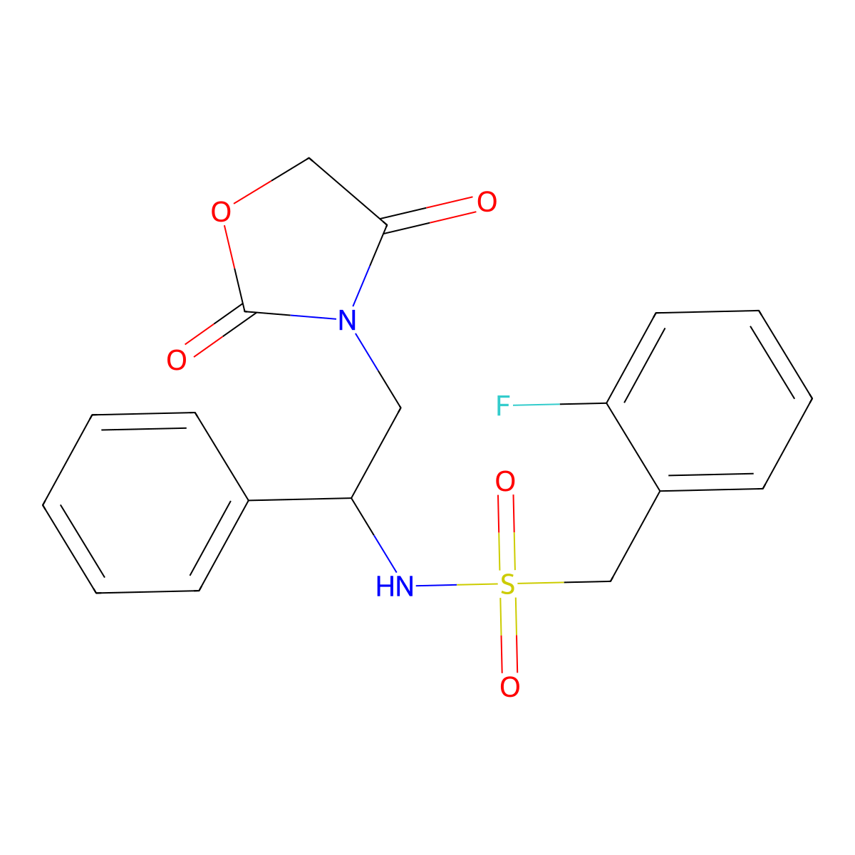 N-(2-(2,4-dioxooxazolidin-3-yl)-1-phenylethyl)-1-(2-fluorophenyl)methanesulfonamide molecular structure, CAS 2097933-72-5