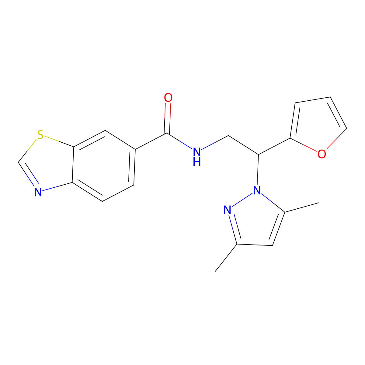N-(2-(3,5-dimethyl-1H-pyrazol-1-yl)-2-(furan-2-yl)ethyl)benzo[d]thiazole-6-carboxamide molecular structure, CAS 2097933-77-0
