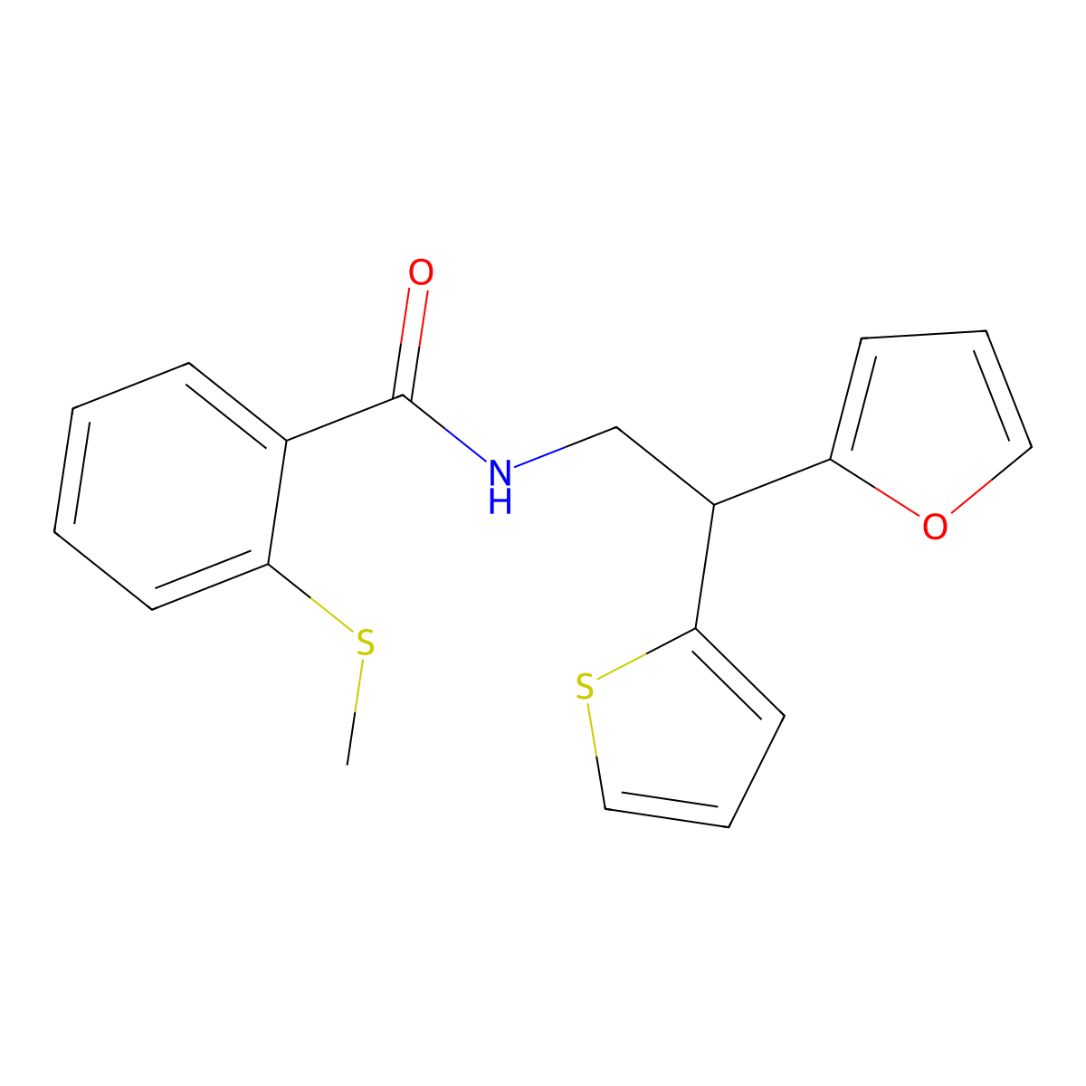 N-[2-(furan-2-yl)-2-(thiophen-2-yl)ethyl]-2-(methylsulfanyl)benzamide molecular structure, CAS 2097933-83-8