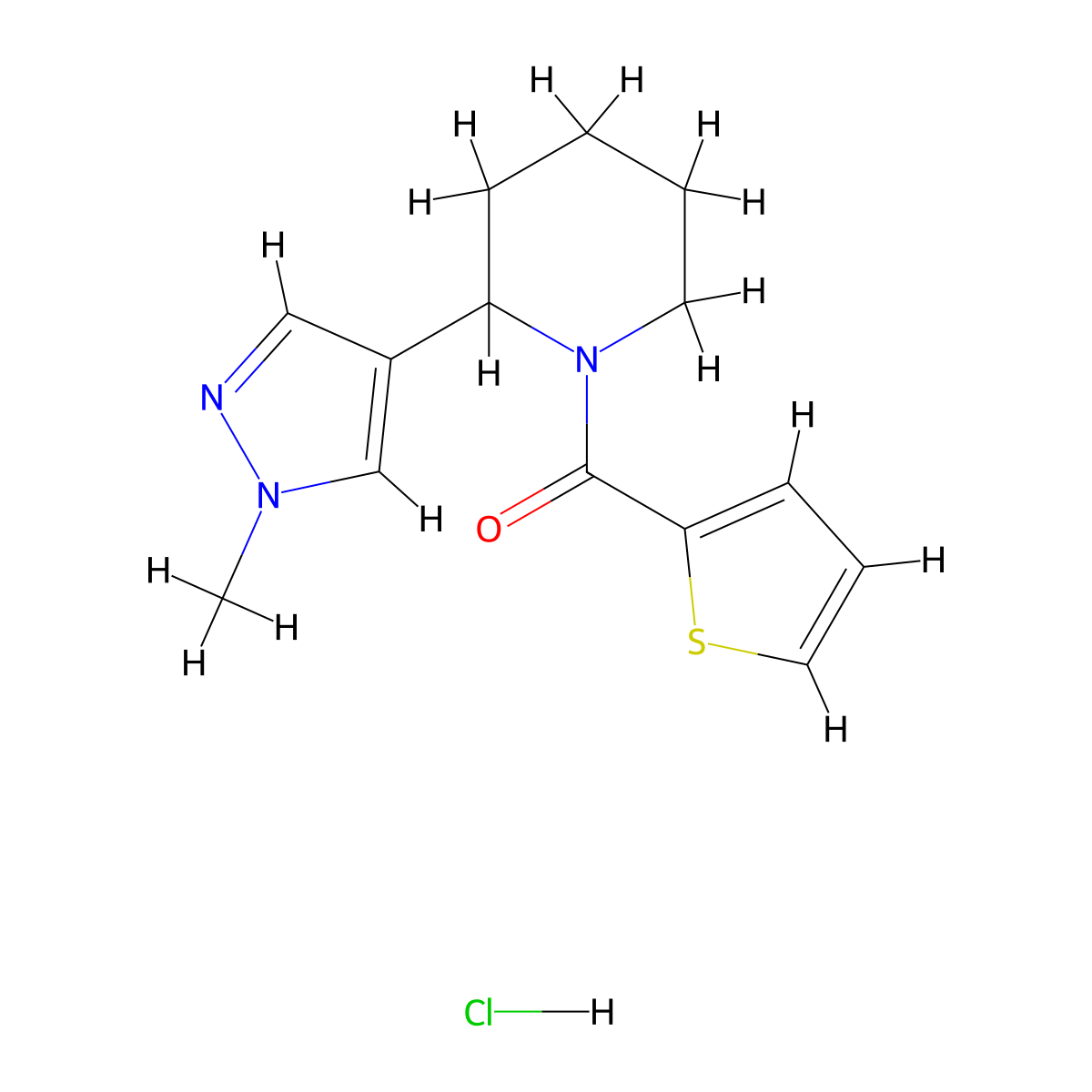 2-(1-methyl-1H-pyrazol-4-yl)-1-(thiophene-2-carbonyl)piperidine hydrochloride molecular structure, CAS 2097933-85-0