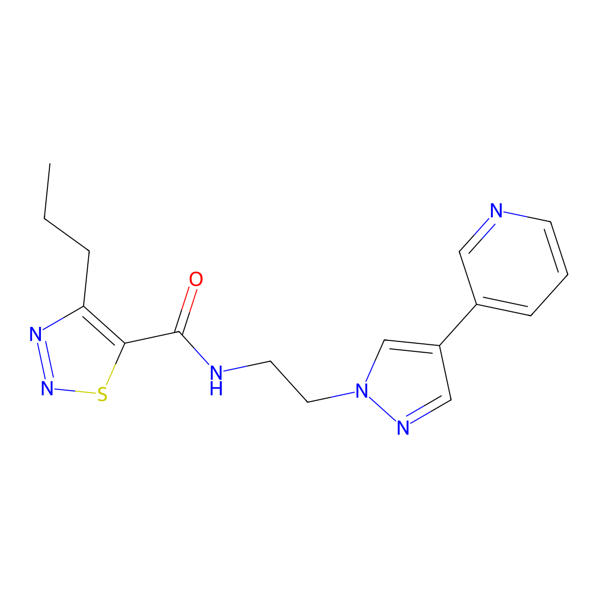4-propyl-N-{2-[4-(pyridin-3-yl)-1H-pyrazol-1-yl]ethyl}-1,2,3-thiadiazole-5-carboxamide molecular structure, CAS 2097933-86-1