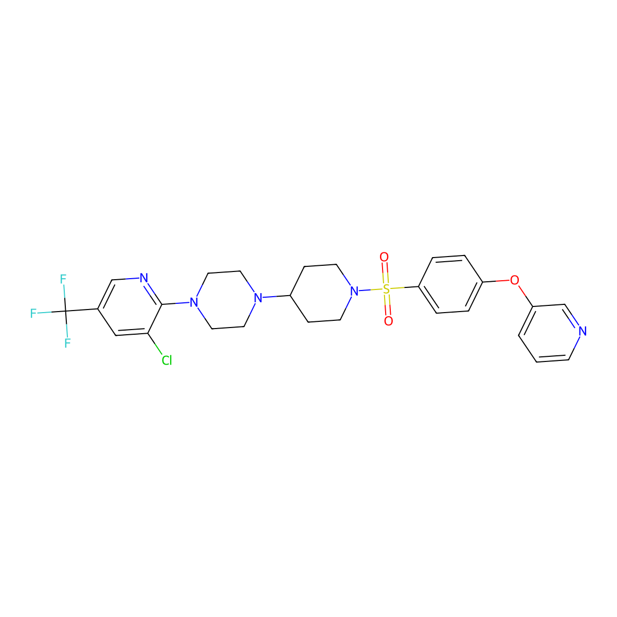 1-[3-Chloro-5-(trifluoromethyl)pyridin-2-yl]-4-{1-[4-(pyridin-3-yloxy)benzenesulfonyl]piperidin-4-yl}piperazine molecular structure, CAS 2097933-94-1